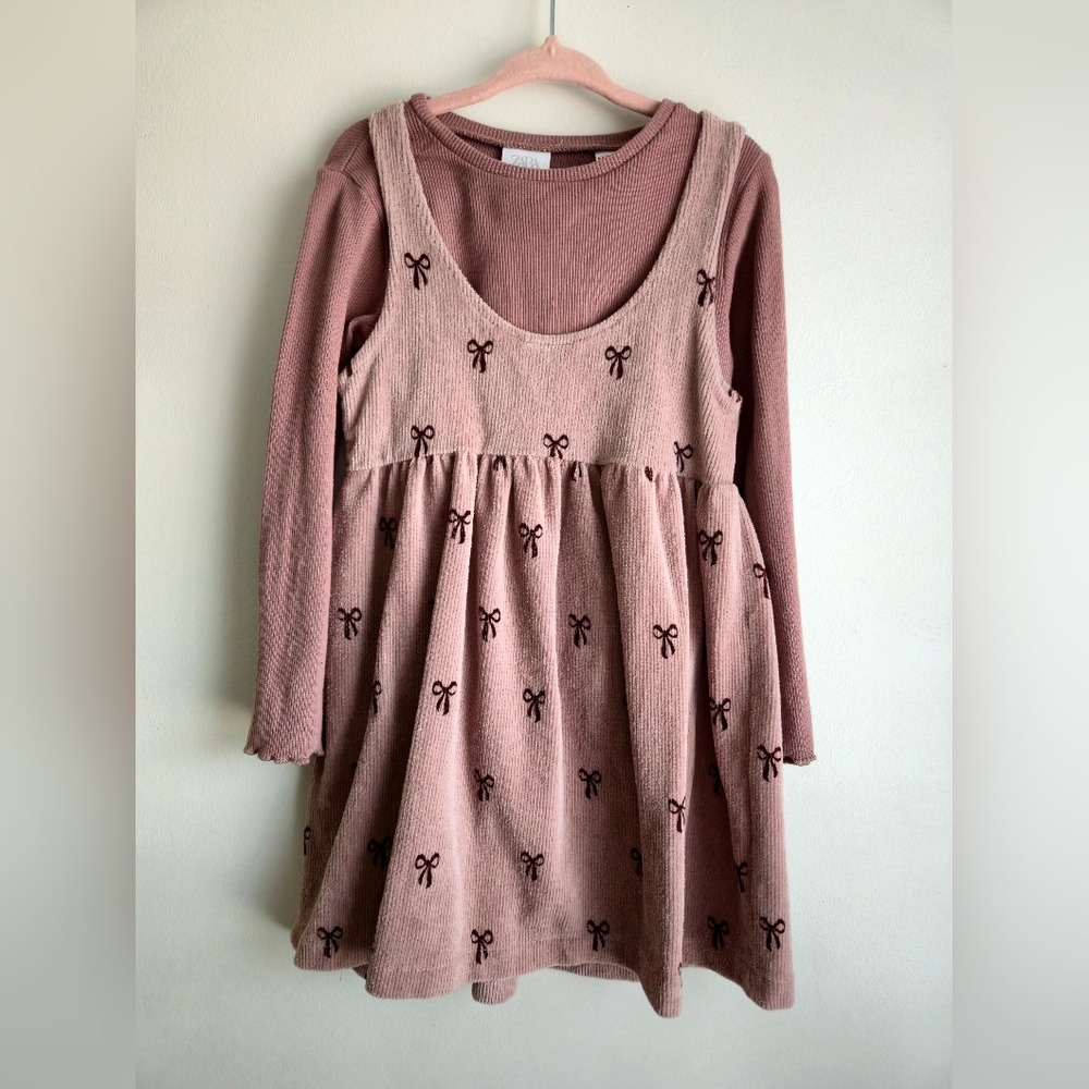 Pink Corduroy Dress with Bow Accents